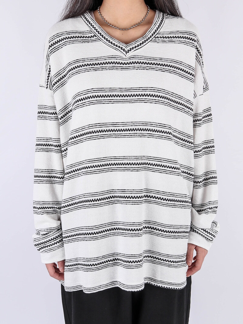 (韓國獨家特價) V領提花條紋長袖上衣