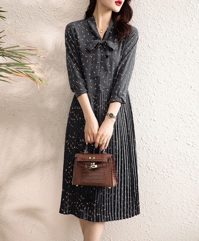 綁帶百褶雪紡洋裝 黑色