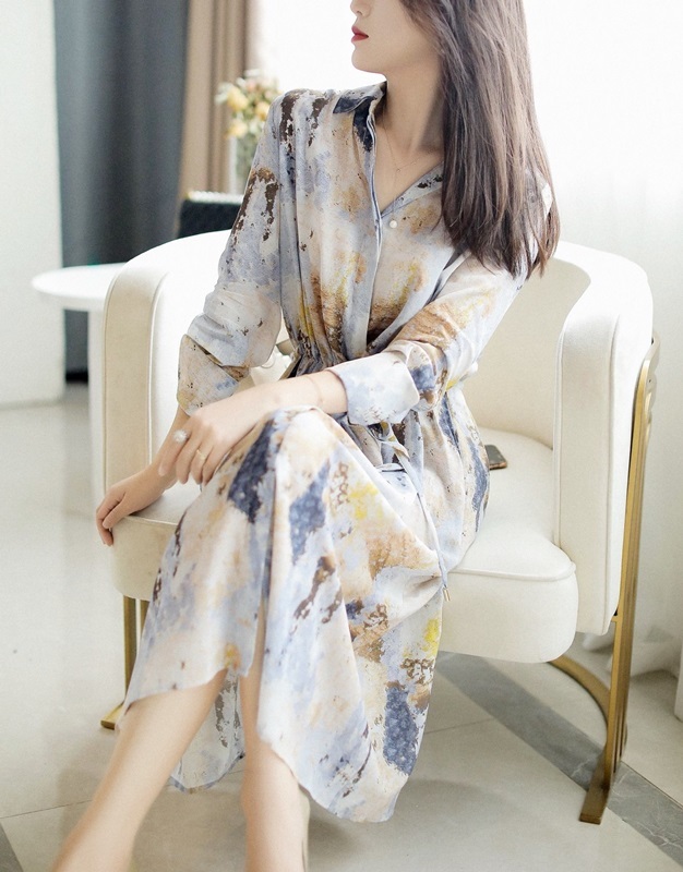 翻領渲染雪紡洋裝 印花