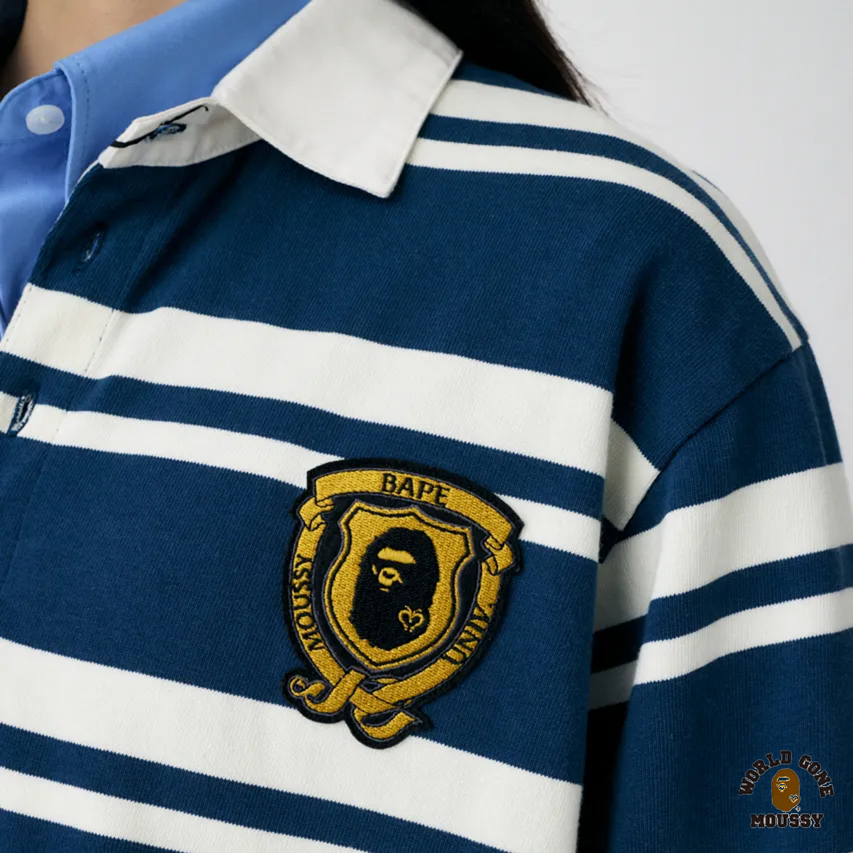 A BATHING APE X MOUSSY STRIPED RUGBY L/S BAPE 猿人頭刺繡貼布