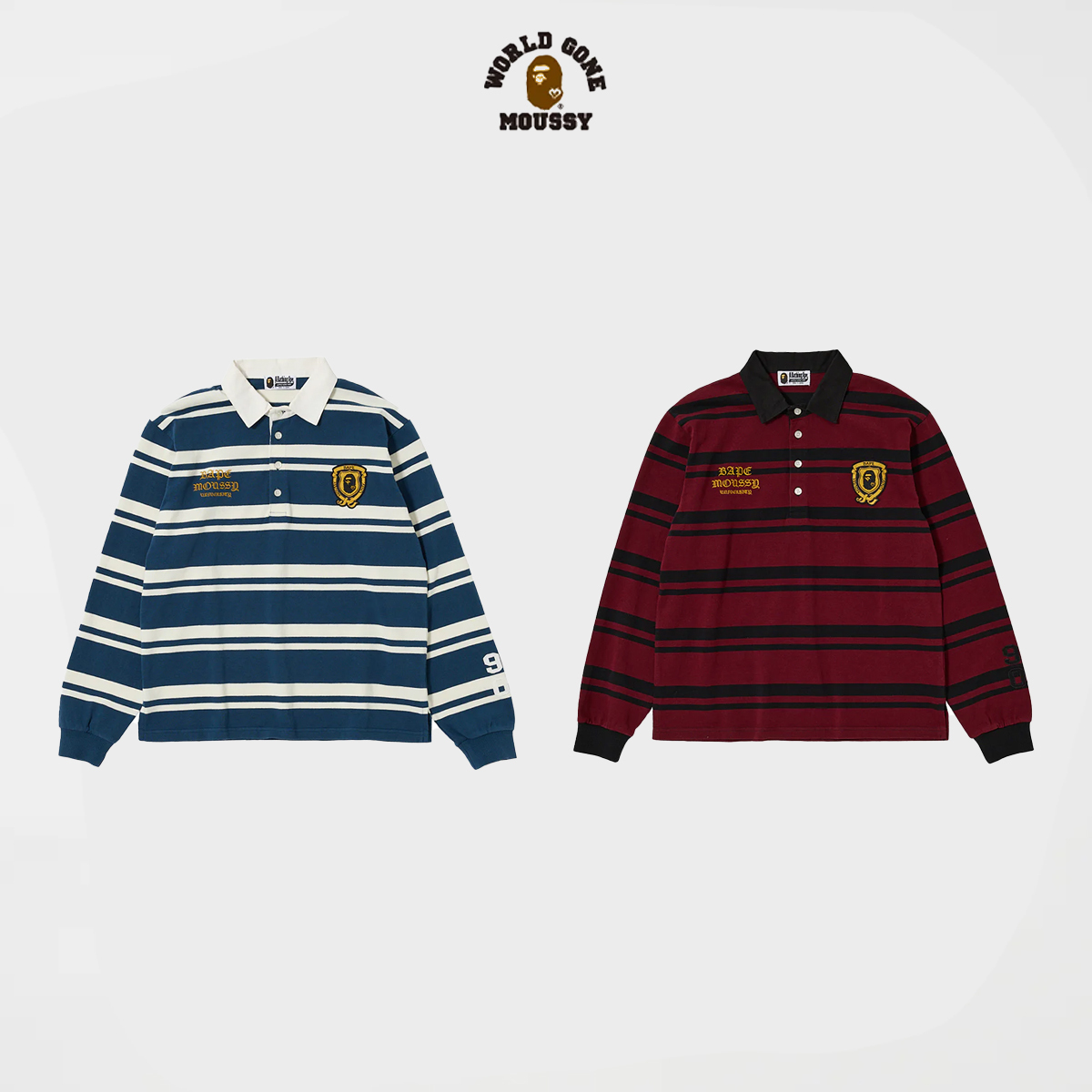 A BATHING APE X MOUSSY STRIPED RUGBY L/S BAPE 猿人頭 刺繡 貼布 寬版 立領 條紋 POLO衫 長袖上衣