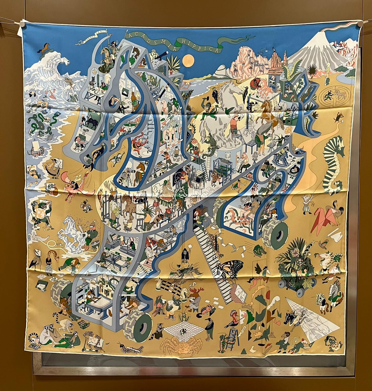 Academia hippica scarf 90 bleu azur / beige doré / vert