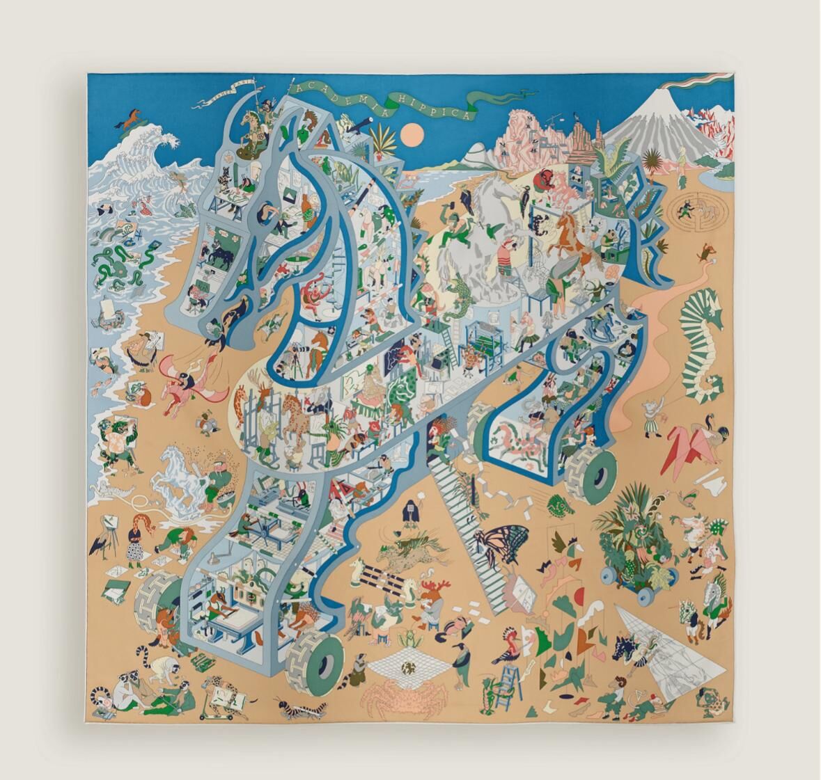 Academia hippica scarf 90 bleu azur / beige doré / vert