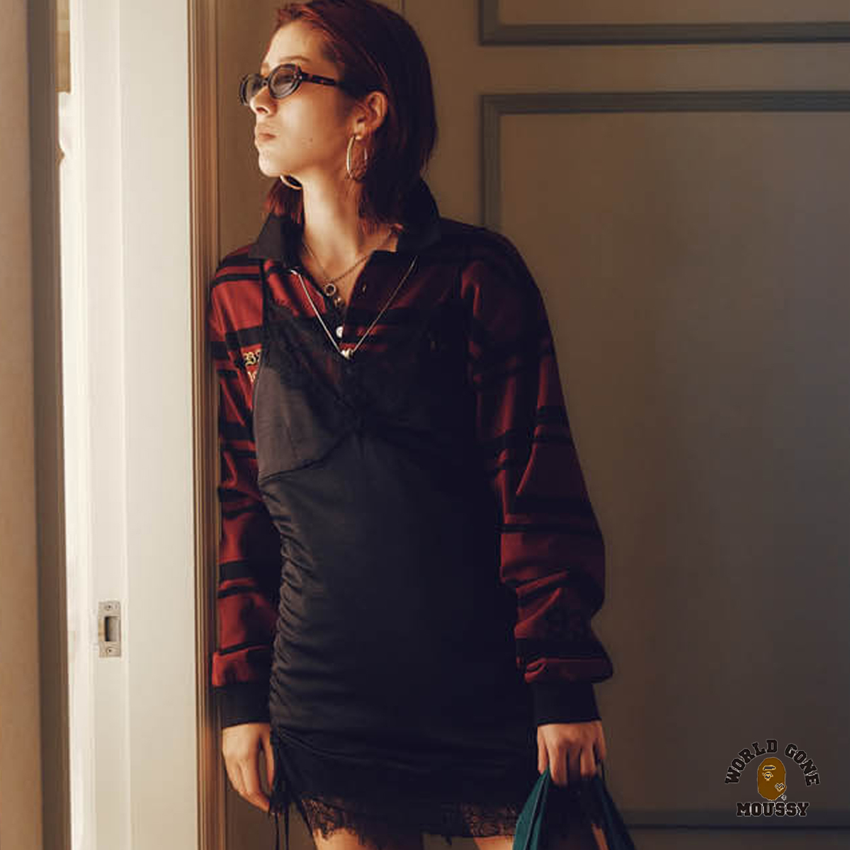 A BATHING APE X MOUSSY STRIPED RUGBY L/S BAPE 猿人頭 刺繡 貼布 寬版 立領 條紋 POLO衫 長袖上衣