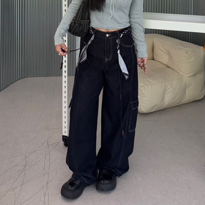 丹寧預告!普洗藍車線牛仔寬褲(附配件)