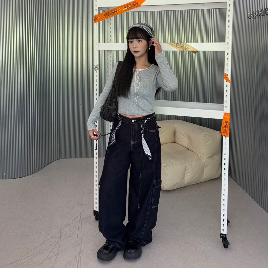 丹寧預告!普洗藍車線牛仔寬褲(附配件)