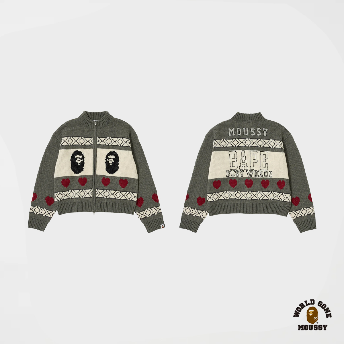 A BATHING APE X MOUSSY KNIT BAPE 猿人頭 愛心 民族風 針織 雙向拉鍊 立領 外套