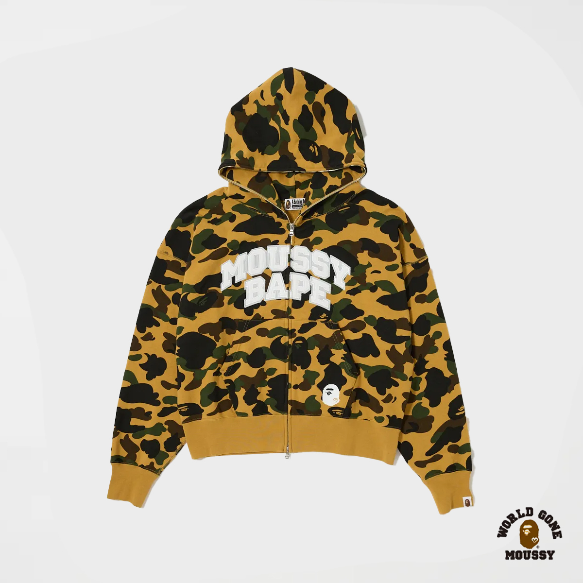 A BATHING APE X MOUSSY  COLLEGE LOGO ZIP BAPE 猿人頭 迷彩 大學字體 連帽外套 帽tee外套