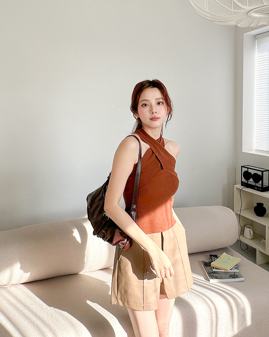 LINA LINA動人心弦交錯造型兩穿坑條上衣-迷人磚橘