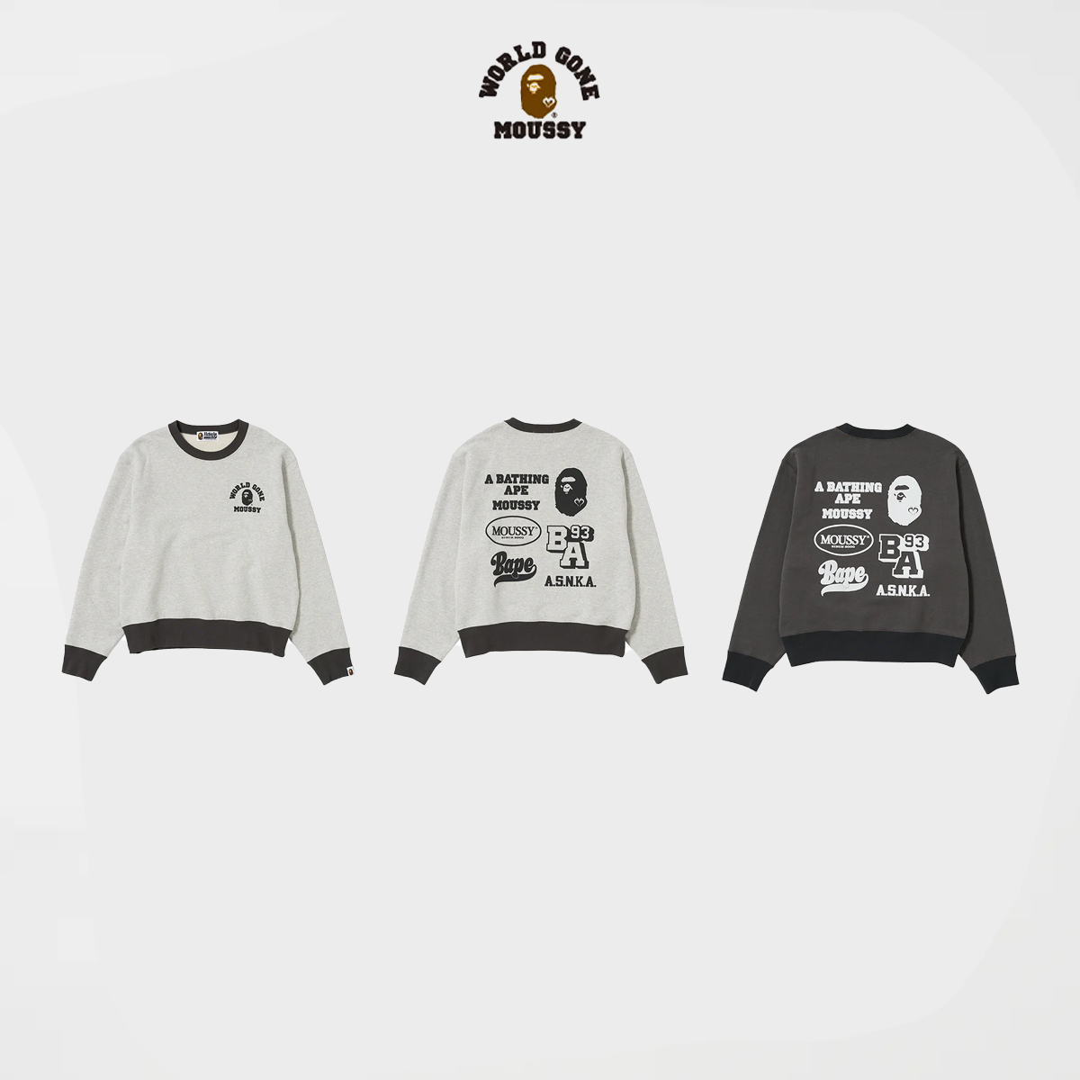 A BATHING APE X MOUSSY RELAXED FIT BAPE 猿人頭 愛心 圓領 大學T 衛衣