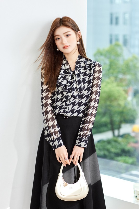 黑L【零碼出清不退換】綁帶千鳥紋雪紡襯衫