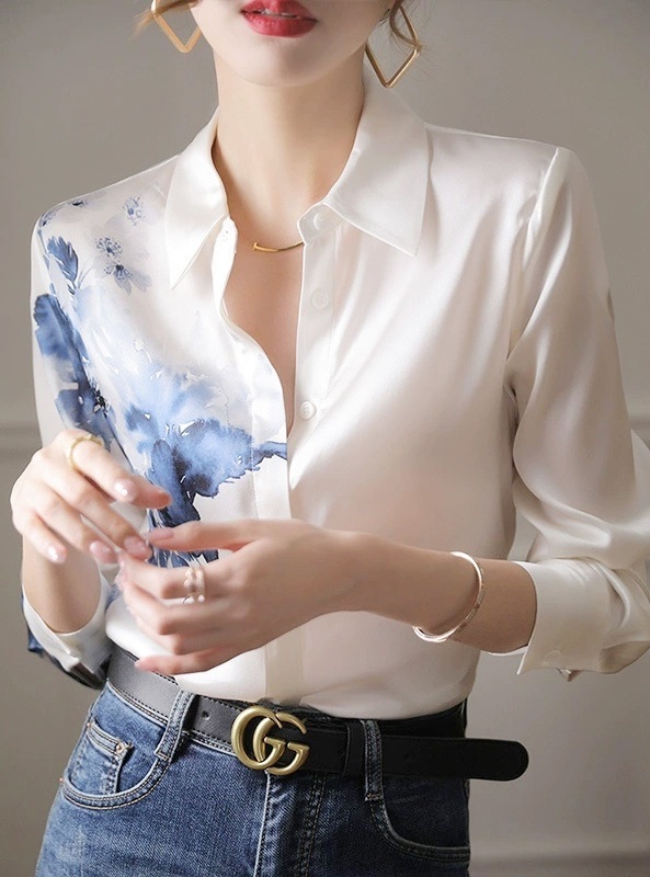 水墨印花緞面襯衫 白色