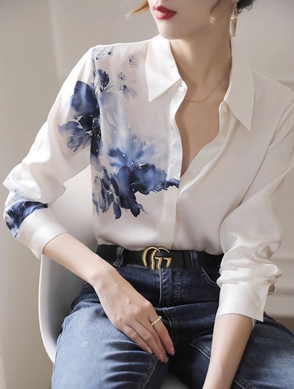 水墨印花緞面襯衫 白色