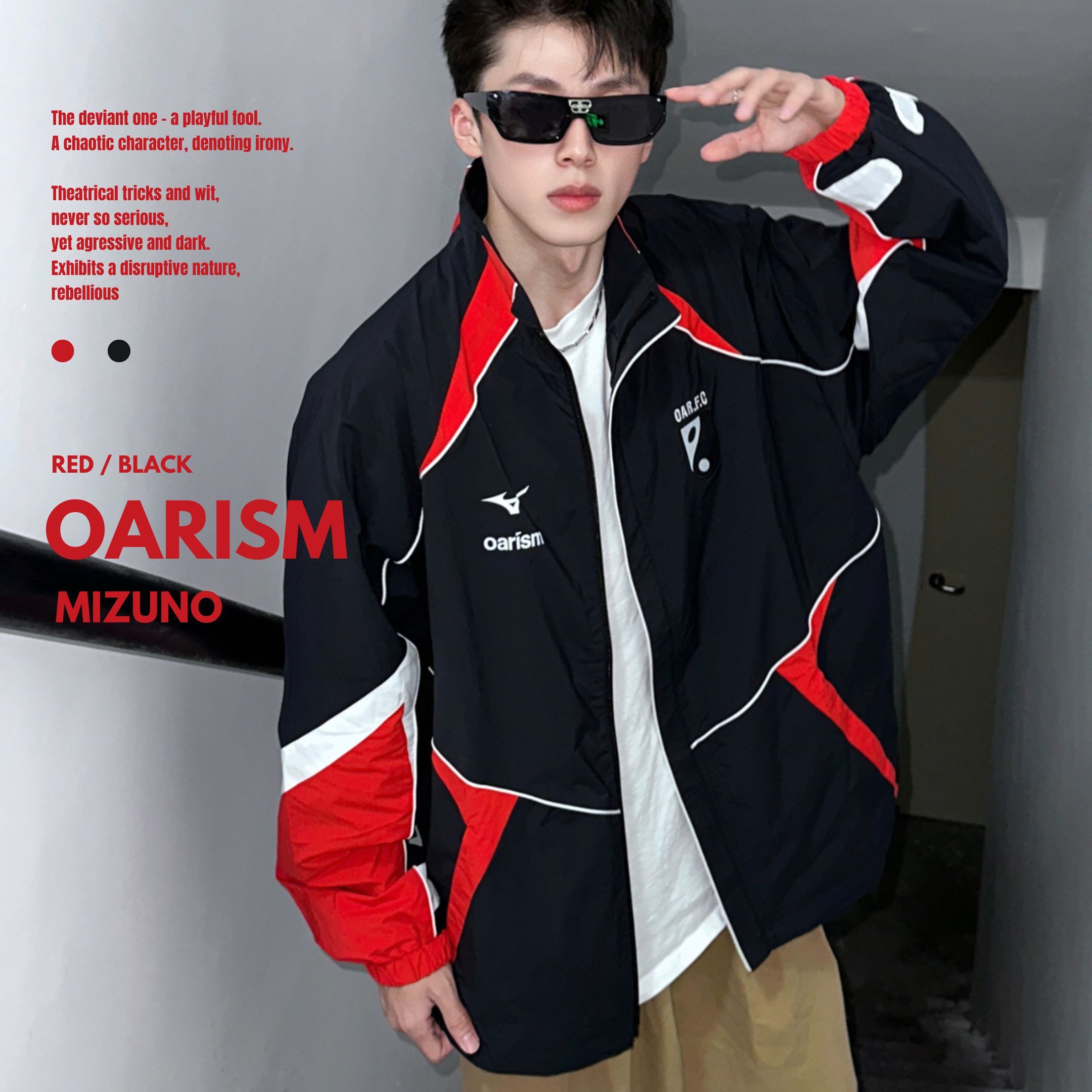 NICEDAY 代購 MIZUNO x Oarism 美津濃 聯名 美式 復古 賽車 立領 外套 黑紅 紅 黑