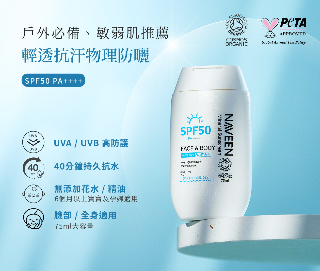 NAVEEN輕透抗汗物理防曬，SPF50 PA ++++高係數過濾紫外線，預防曬紅曬傷、光老化