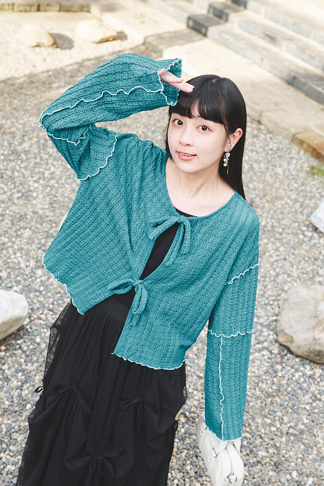 (限量)秋上溫室！蝴蝶結滾邊針織衫(兩色-藍)