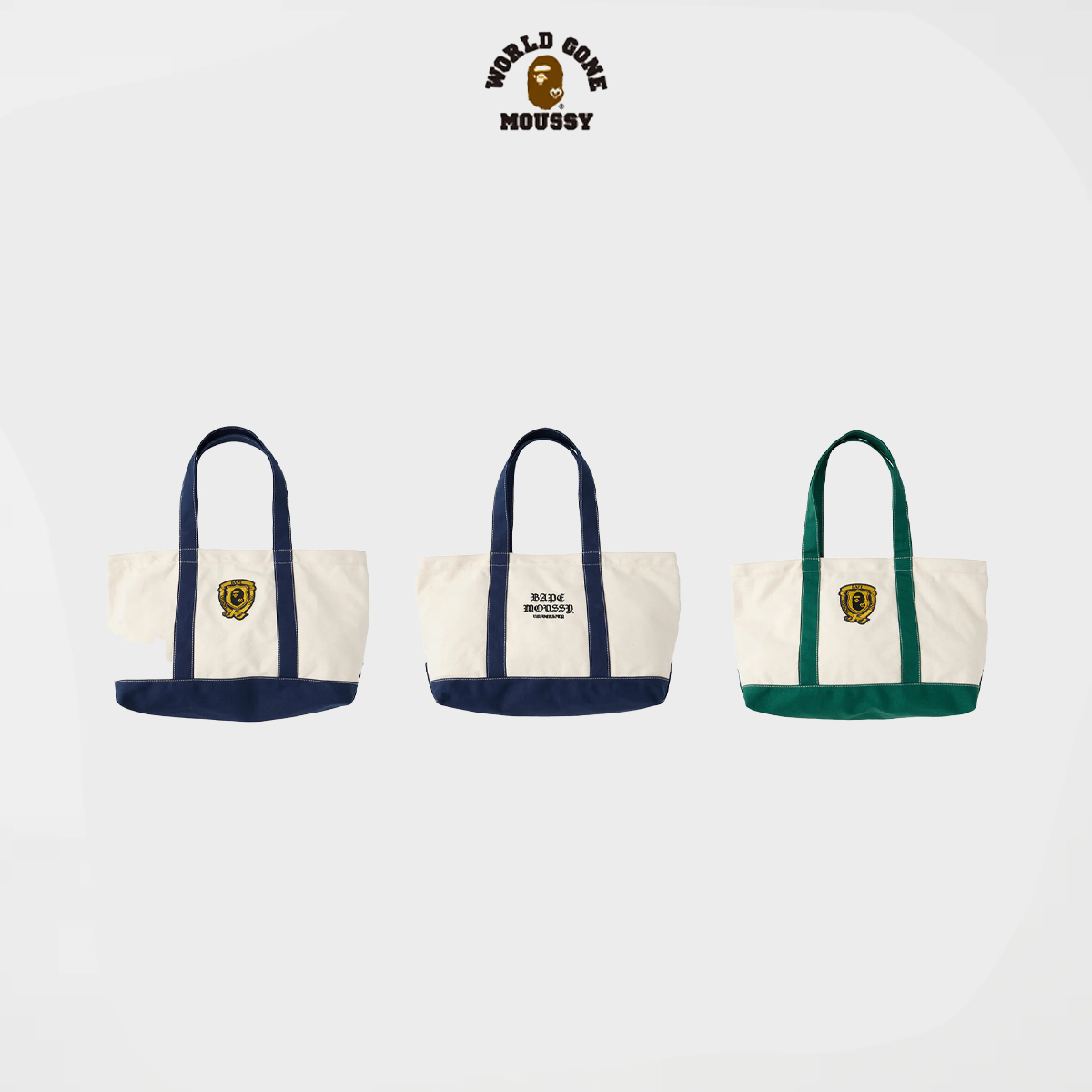 A BATHING APE X MOUSSY EMBLEM 歌德刺繡字體 帆布 拼接配色 白綠 白海軍藍 托特包 肩背包 手提包