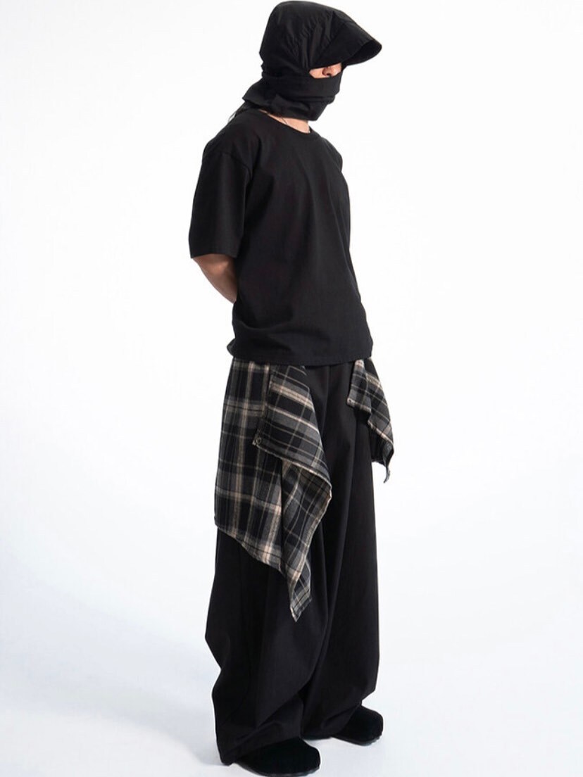 韓國 多層次 格紋 裙簾 尼龍 長褲