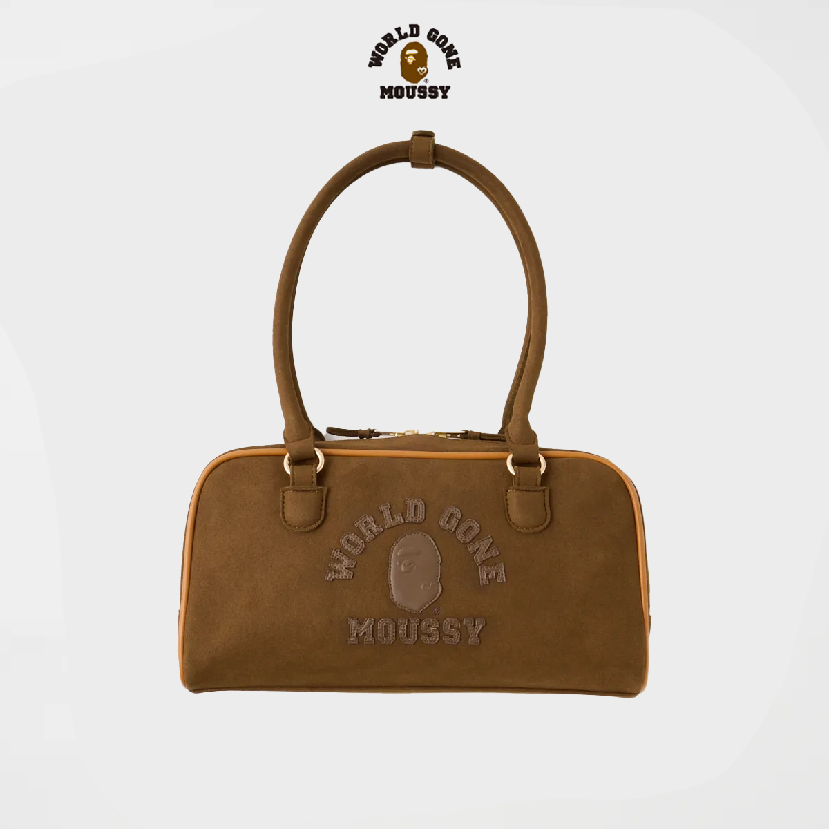 A BATHING APE X MOUSSY BOSTON 麂皮 棕色 貼布 logo 波士頓包 手提包 肩背包