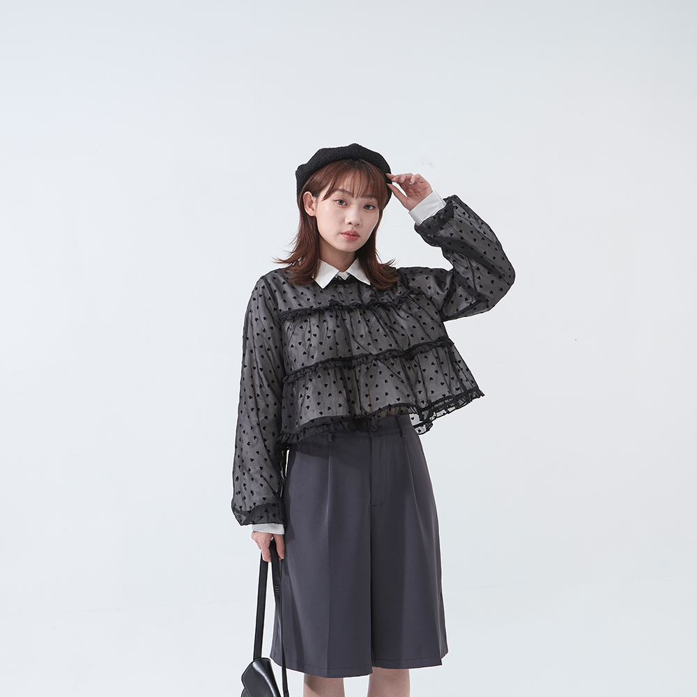 3D Heart Ruffle Sheer Top (Sold in Three Colors)【01099163】in stock+pre-order