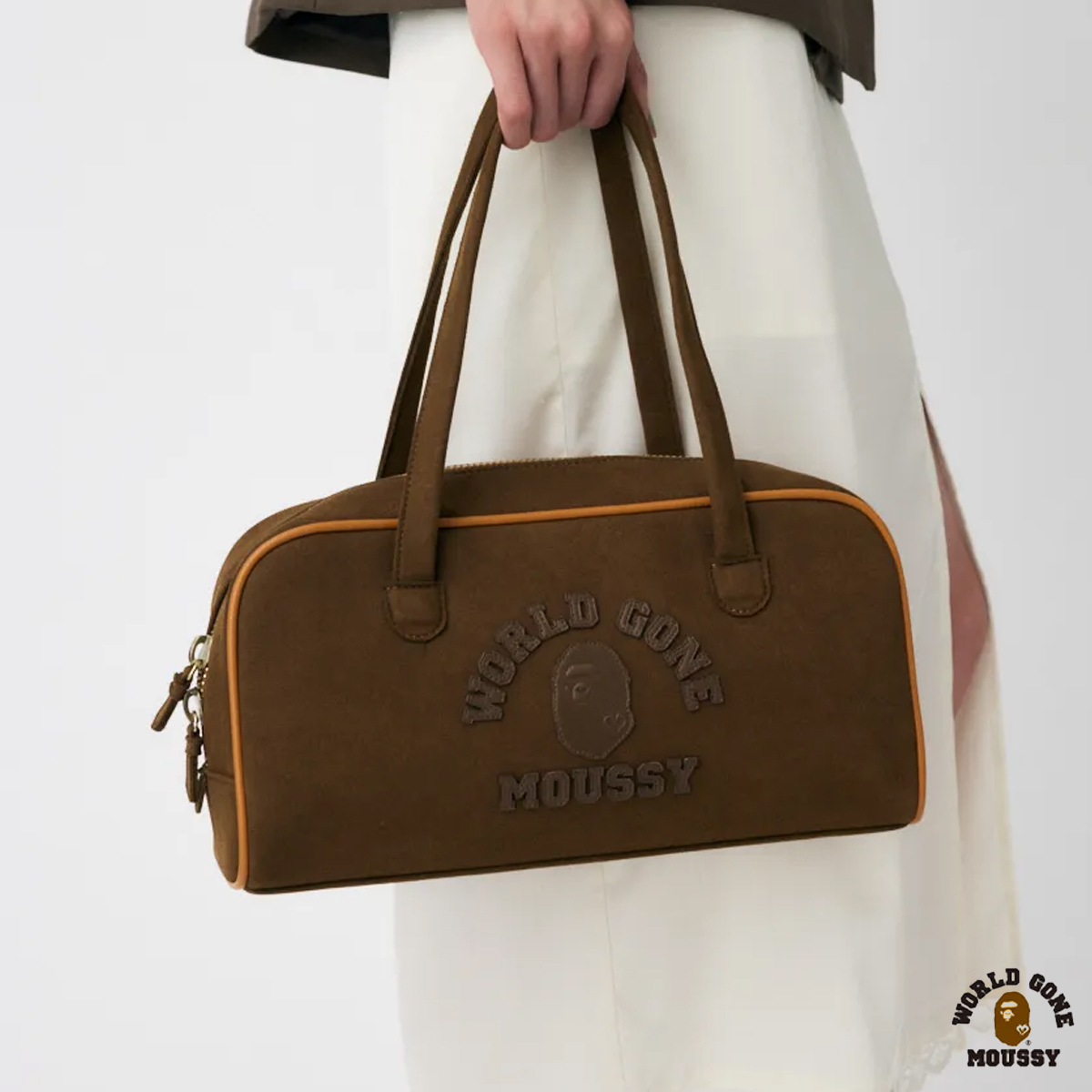 A BATHING APE X MOUSSY BOSTON 麂皮 棕色 貼布 logo 波士頓包 手提包 肩背包