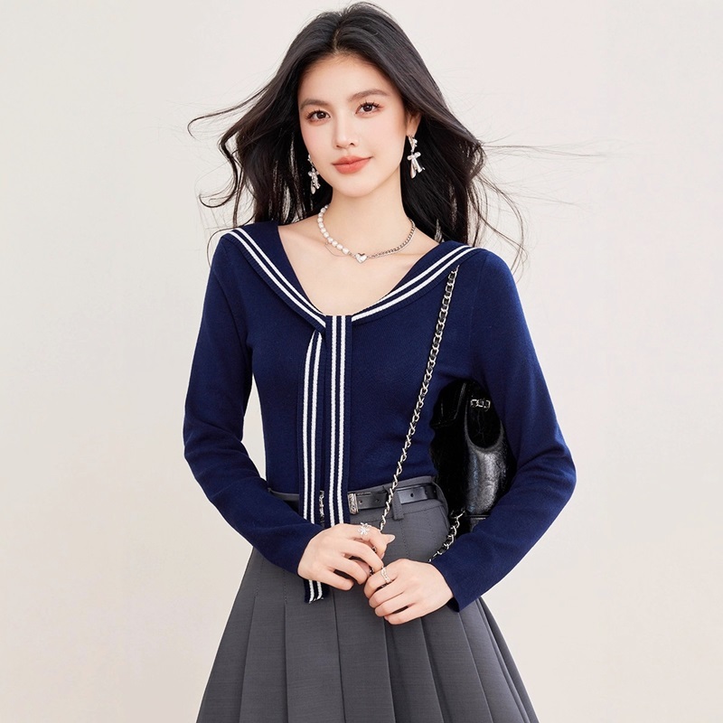 海軍領綁帶針織上衣 藏青