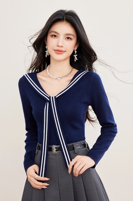 海軍領綁帶針織上衣 藏青