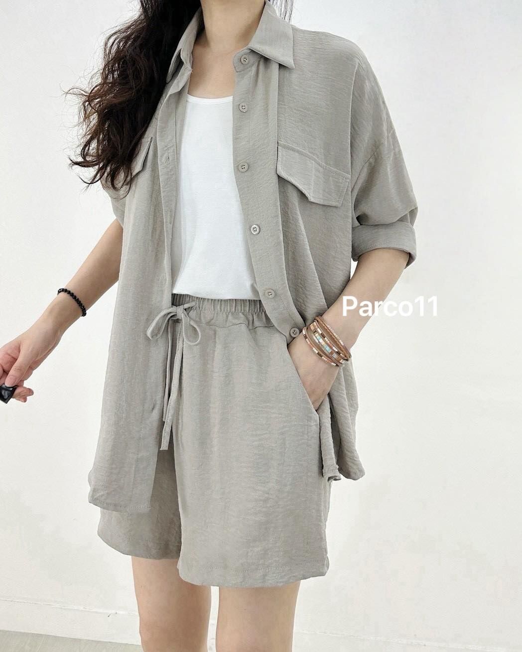 【慵懶百搭的鬆弛襯衫外套＋短褲套裝組】(黑色 現貨)