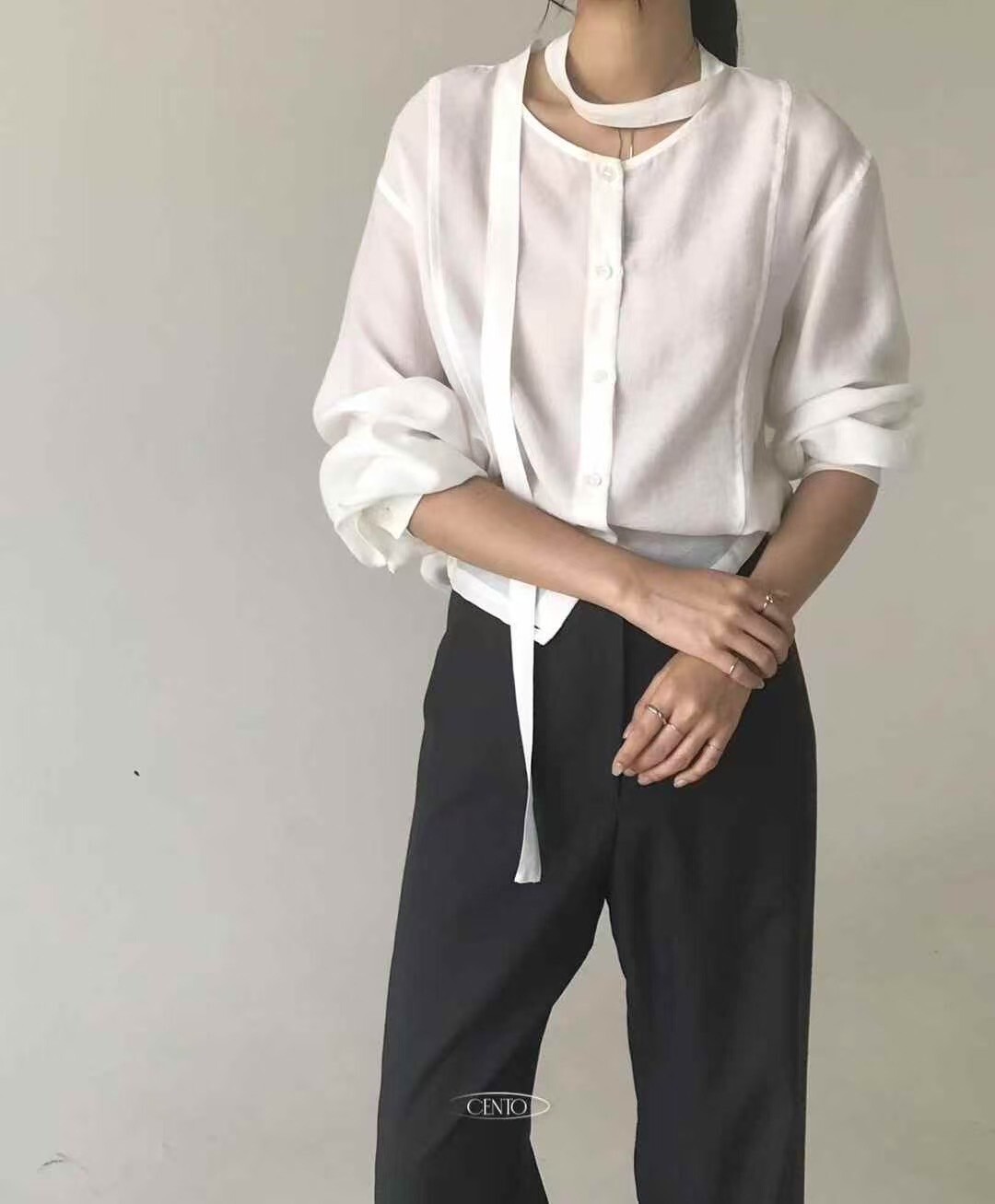 個性綁帶縮腰襯衫