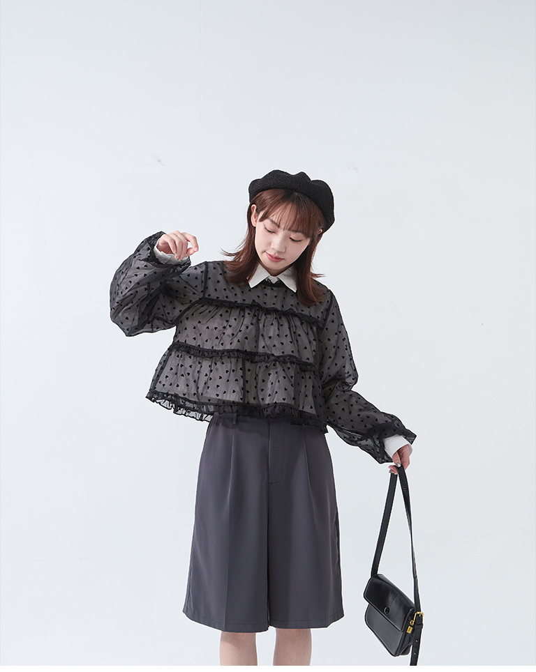 3D Heart Ruffle Sheer Top (Sold in Three Colors)【01099163】in stock+pre-order