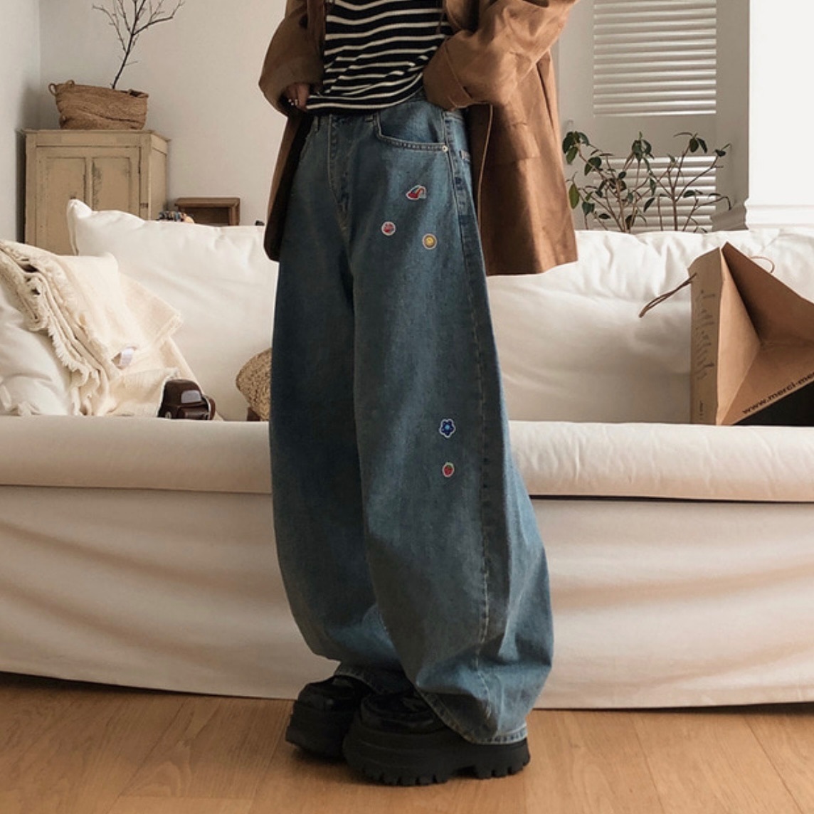 【優惠預訂】韓國CUTE CUTE印花牛仔彎刀褲