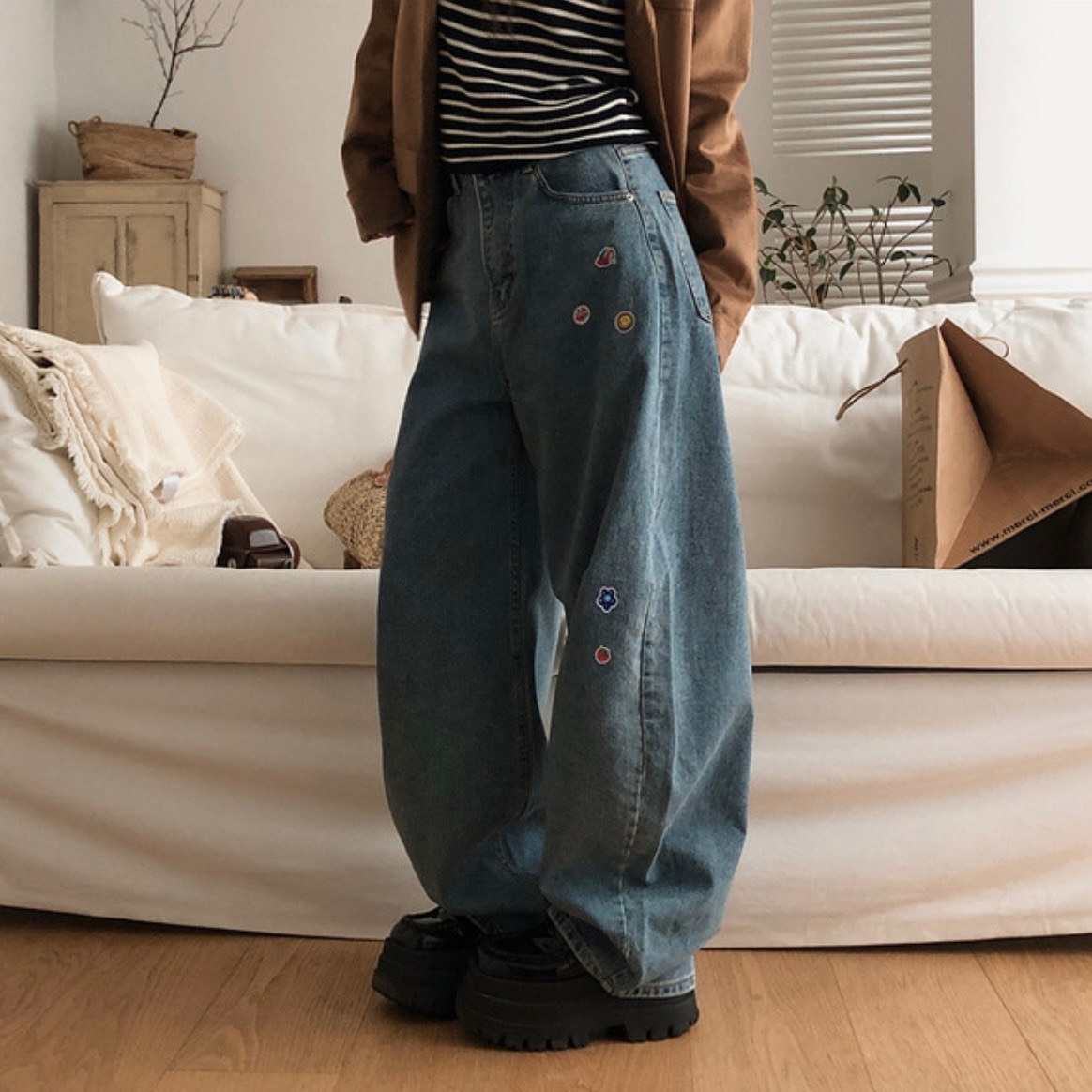 【優惠預訂】韓國CUTE CUTE印花牛仔彎刀褲