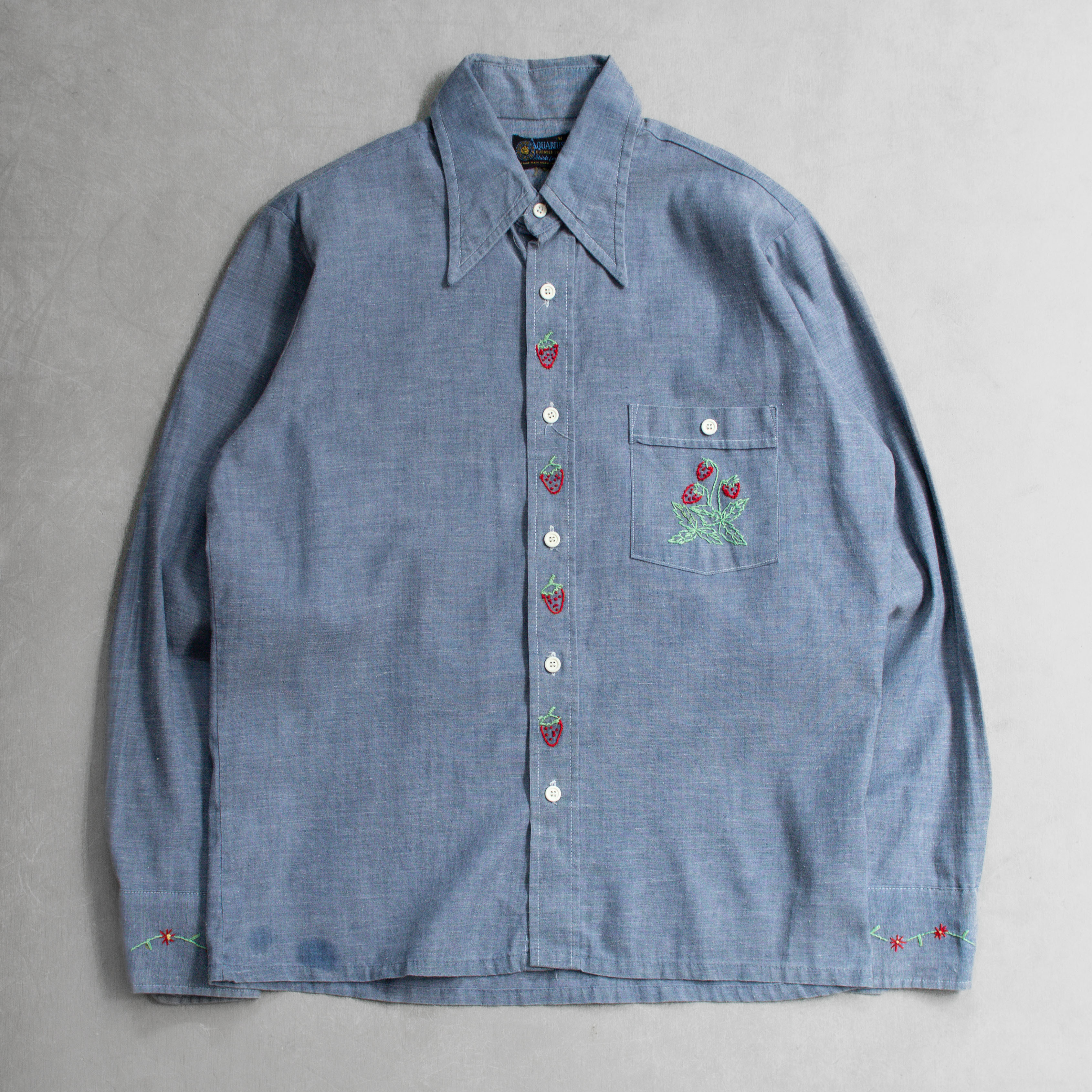 70-80S EMBROIDERY CHAMBRAY SHIRT 美國 淺藍 刺繡 青年布 長袖 襯衫