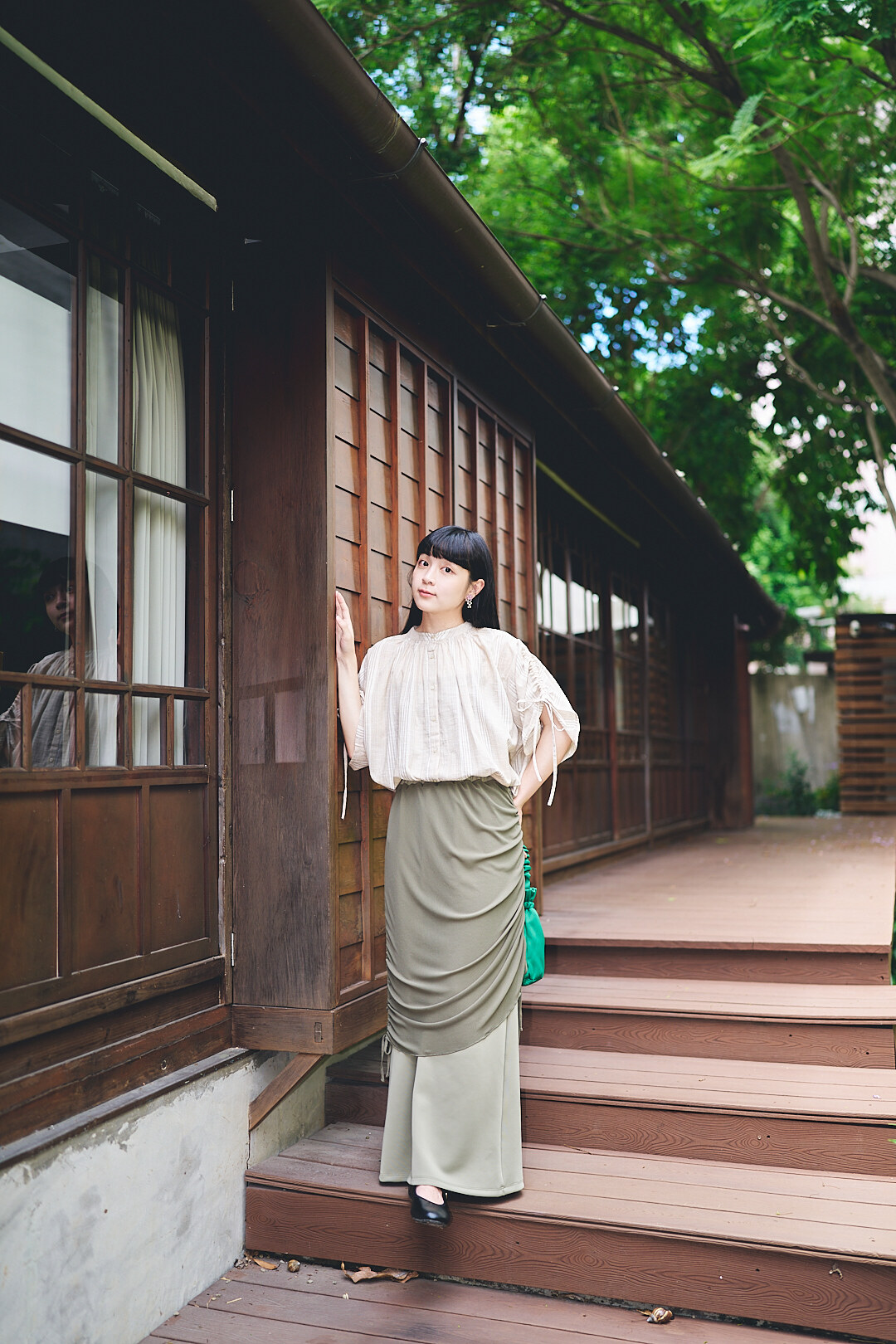 時の折り目！分層綁帶半身裙(兩色-淺橄欖)