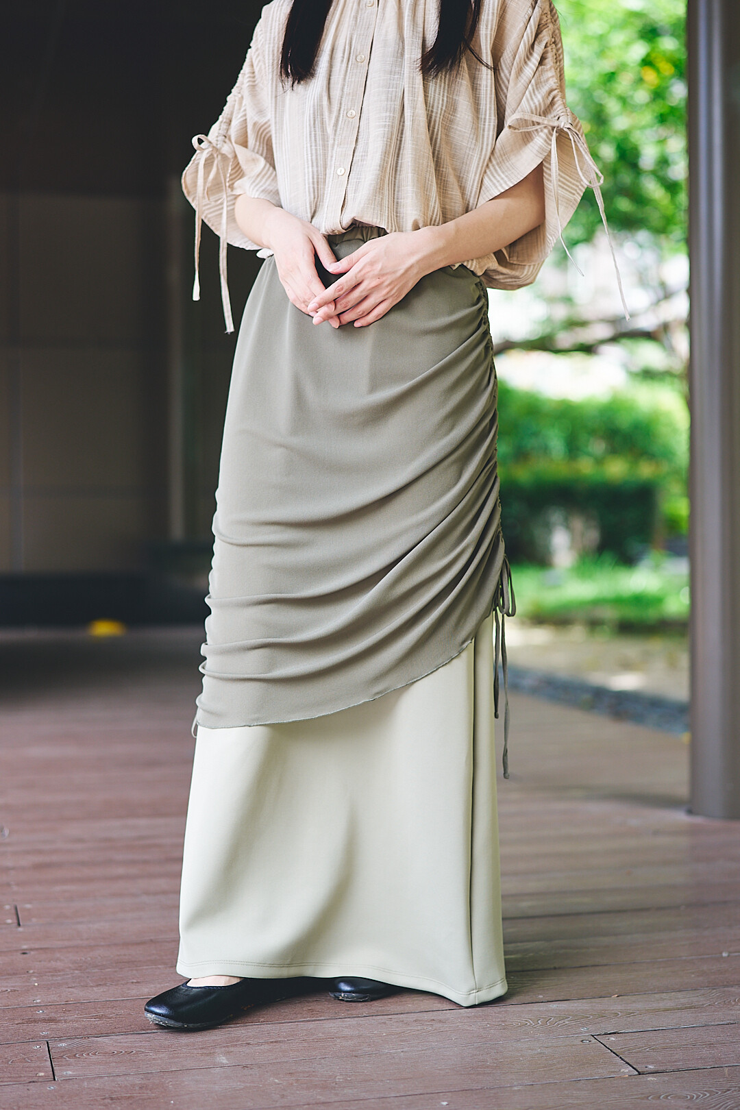 時の折り目！分層綁帶半身裙(兩色-淺橄欖)
