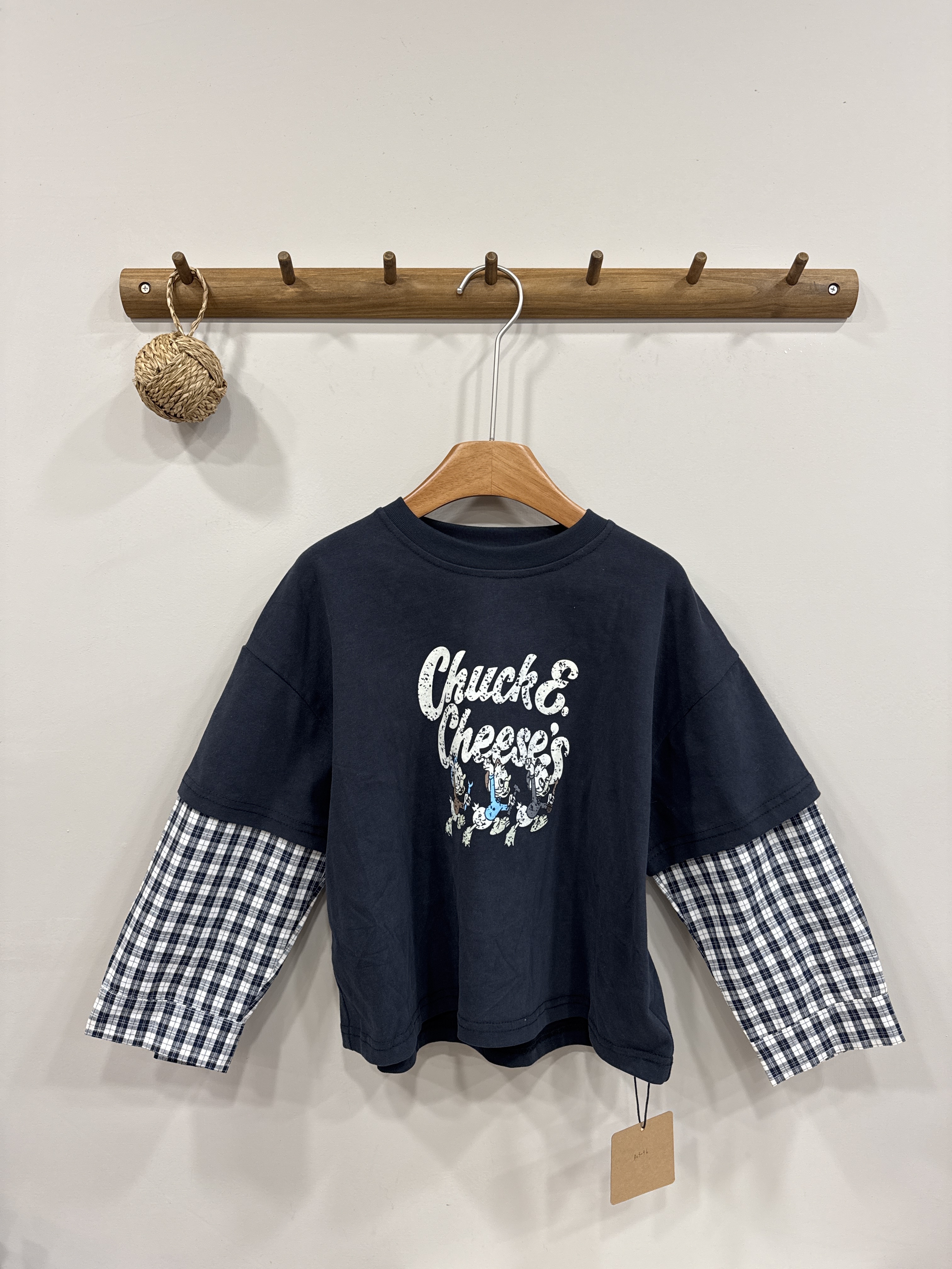 A03096格子袖假兩件上衣