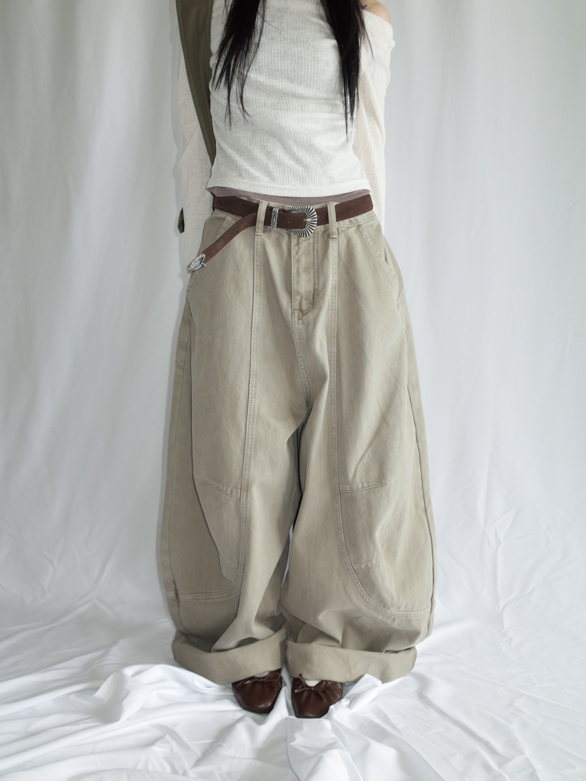 (Designer!) curved-cut washed wide-leg trousers in BROWN GRAY