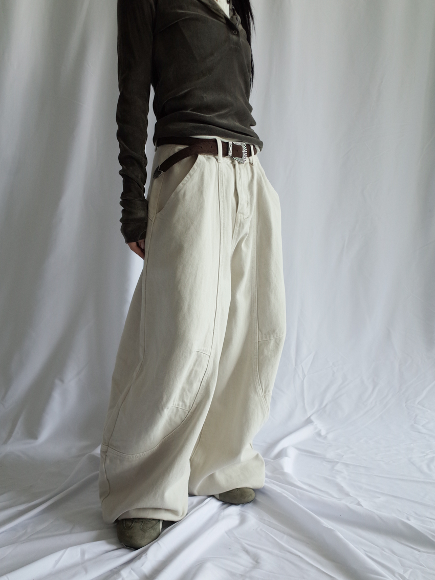 (Designer!) curved-cut washed wide-leg trousers in BEIGE