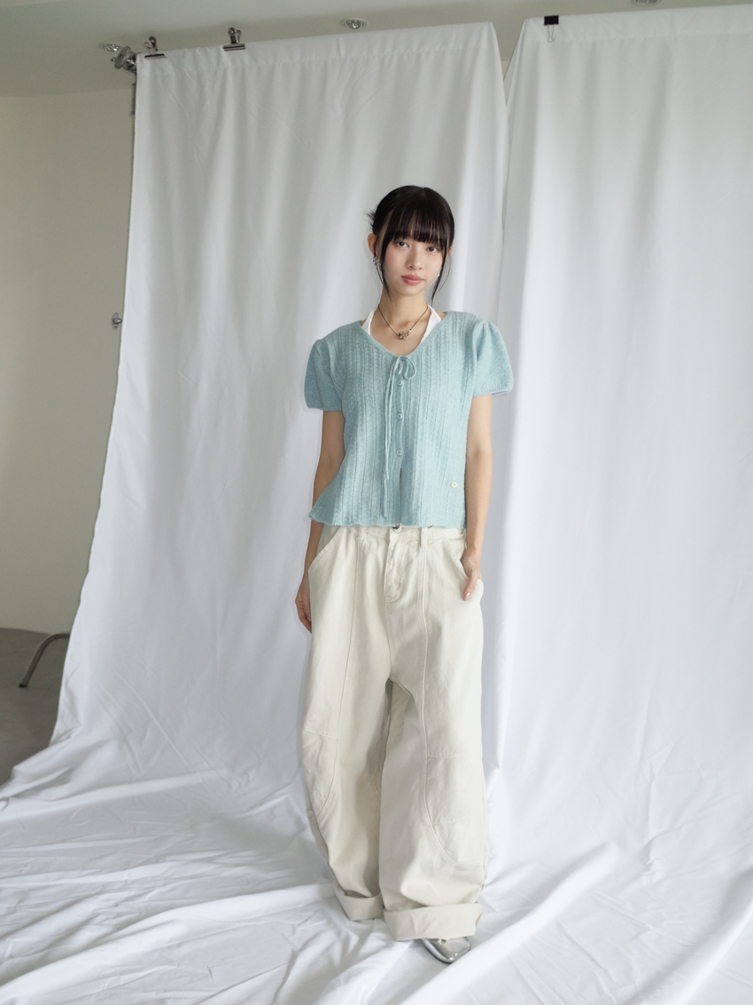(Designer!) curved-cut washed wide-leg trousers in BEIGE