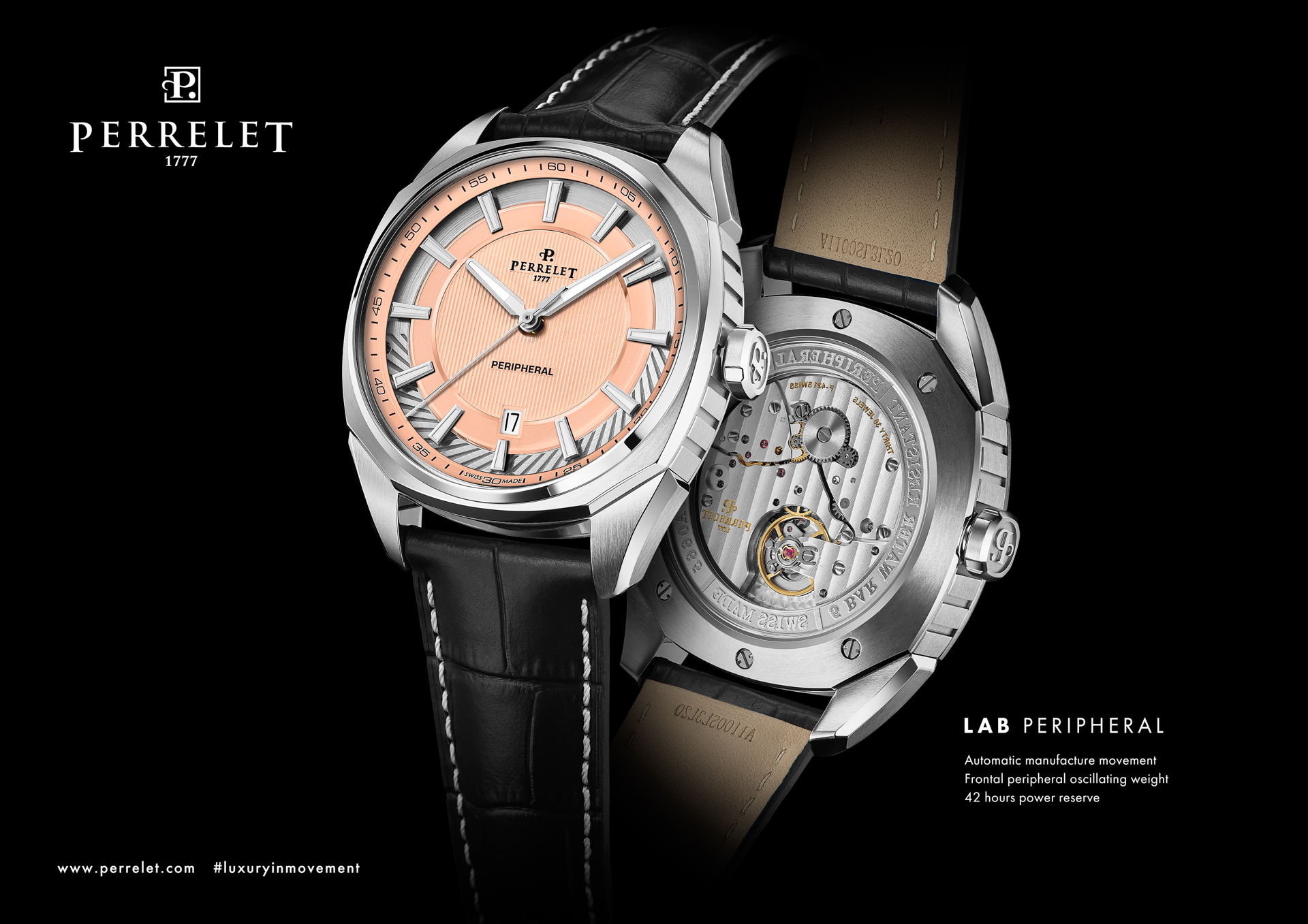 Perrelet,沛力錶,自製機芯,環形自動盤,鮭魚面,鮭魚色,枕形錶殼,大三針,黑色鱷魚壓紋小牛皮錶帶