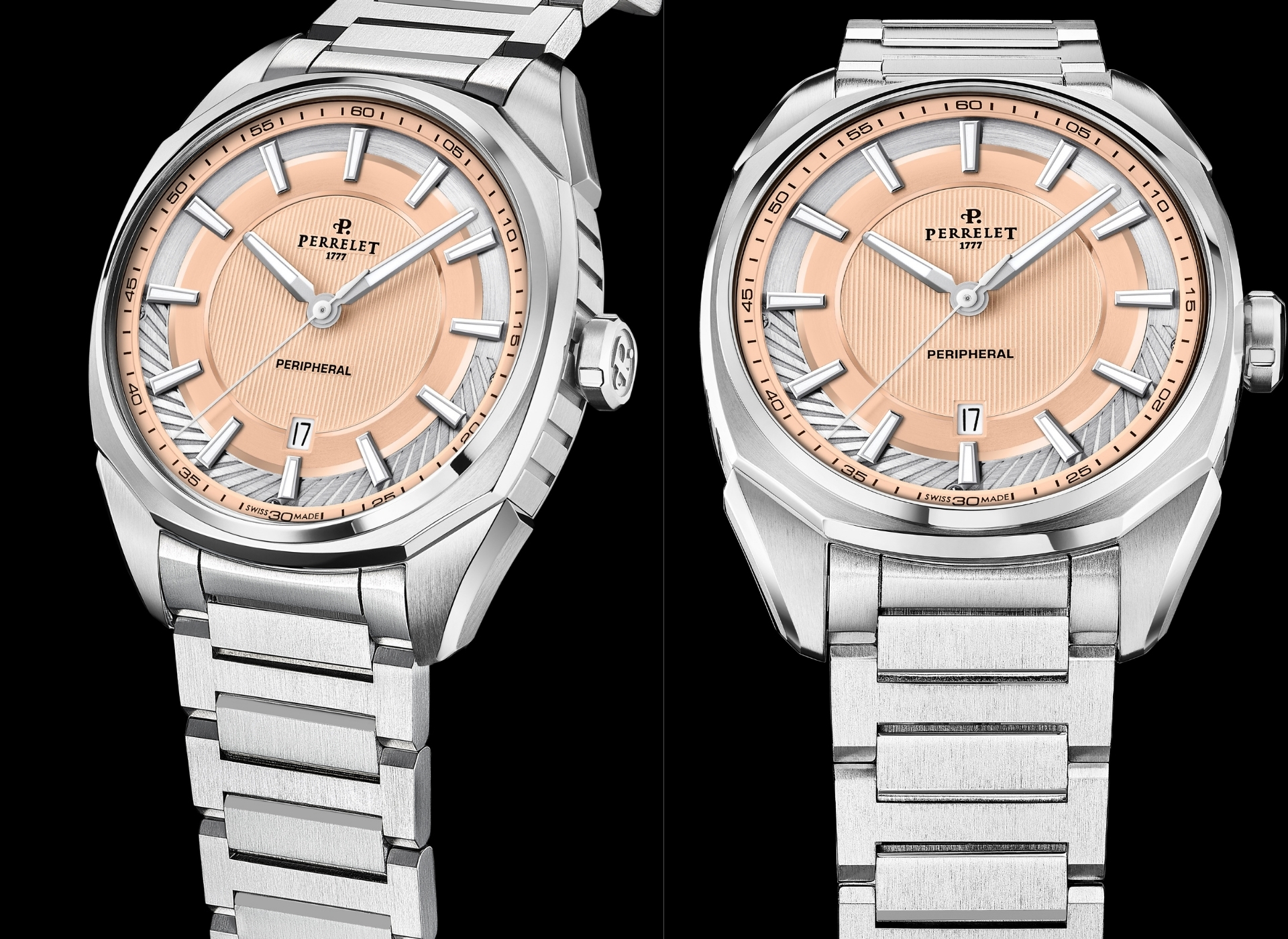 Perrelet,沛力錶,自製機芯,環形自動盤,鮭魚面,鮭魚色,枕形錶殼,大三針,不鏽鋼鍊帶,P-411機芯