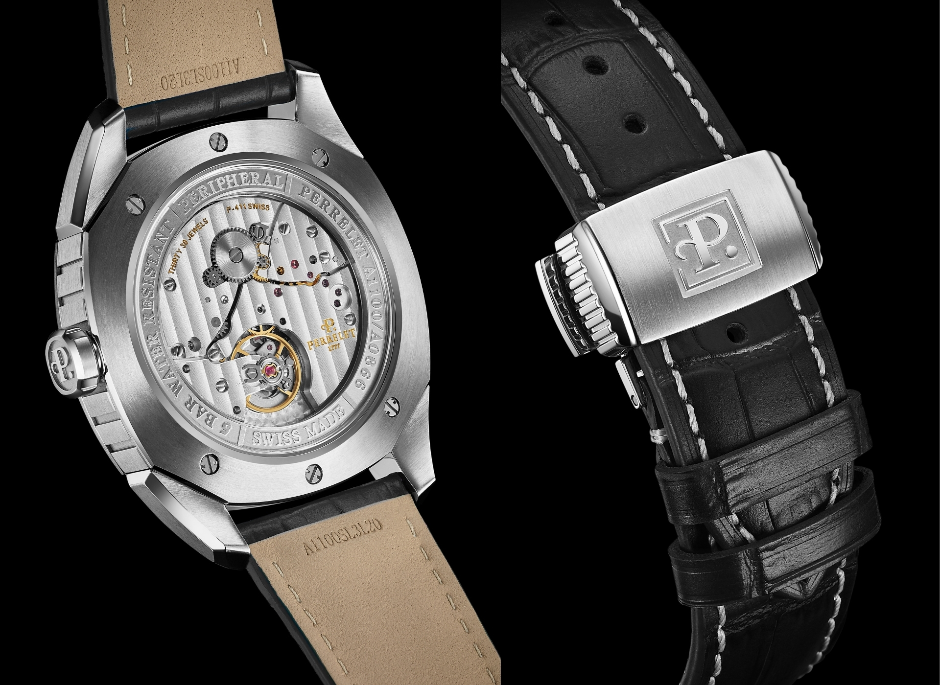 Perrelet,沛力錶,自製機芯,環形自動盤,鮭魚面,鮭魚色,枕形錶殼,大三針,黑色鱷魚壓紋小牛皮錶帶,P-411機芯