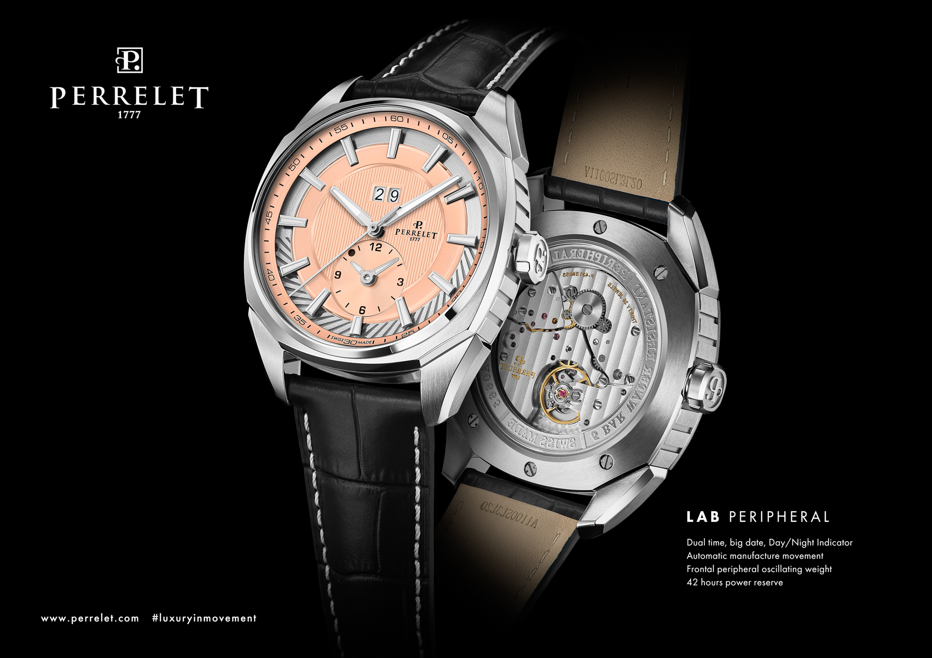 Perrelet,沛力錶,自製機芯,環形自動盤,雙時區,鮭魚色,枕形錶殼,黑色鱷魚壓紋小牛皮錶帶,P-421機芯