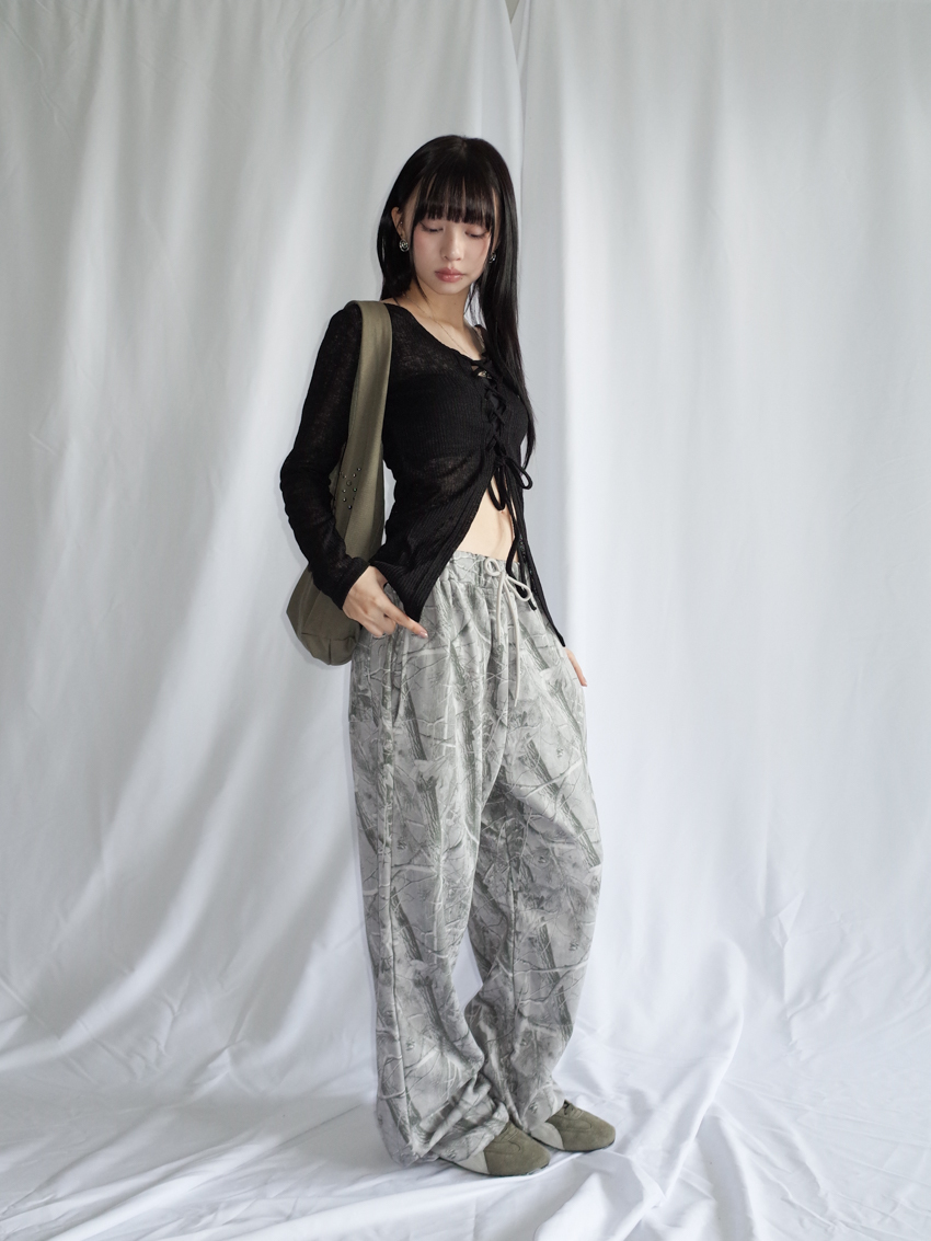 tree-print elastic waist casual trousers