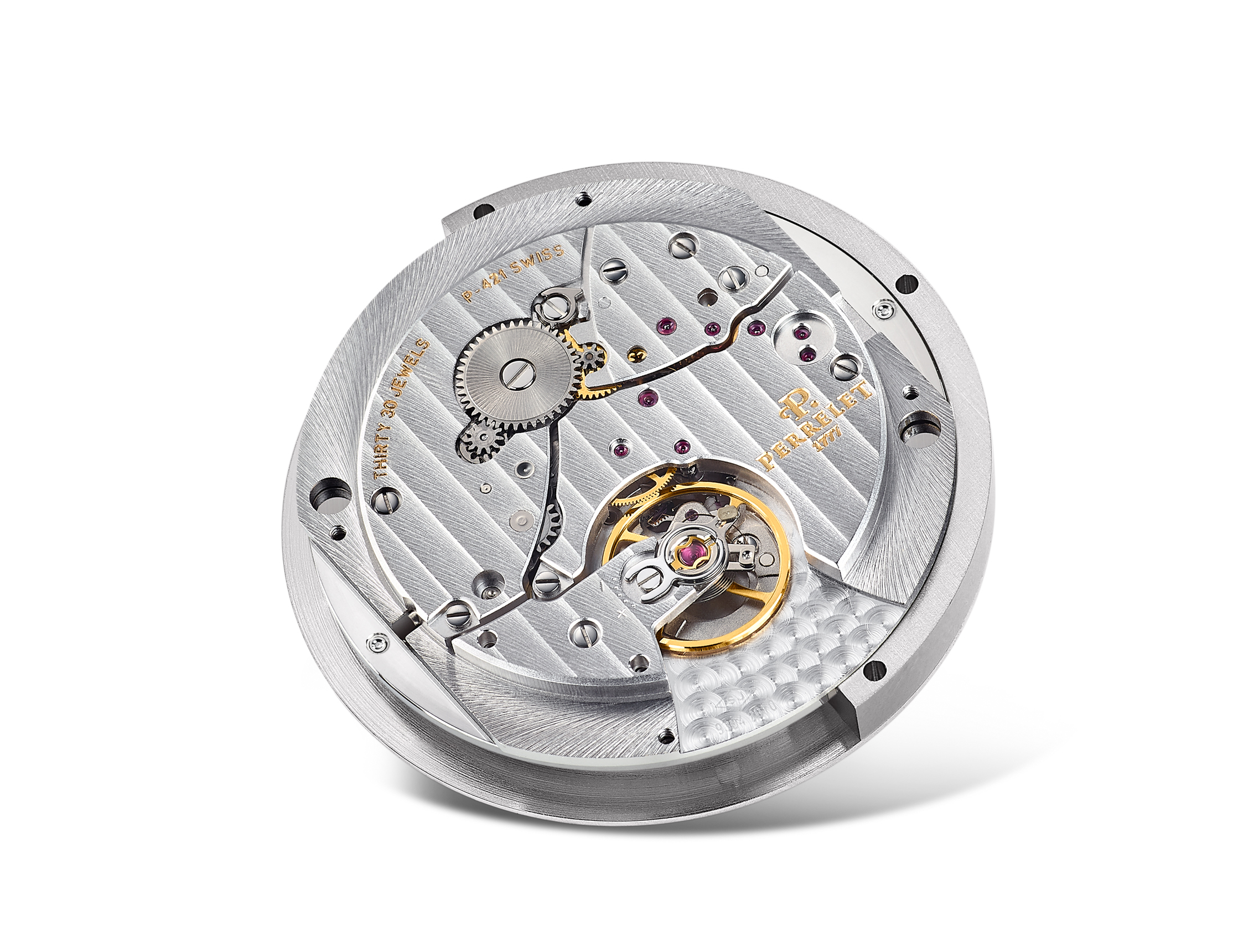 Perrelet,沛力錶,自製機芯,環形自動盤,雙時區,鮭魚色,枕形錶殼,黑色鱷魚壓紋小牛皮錶帶,P-421機芯