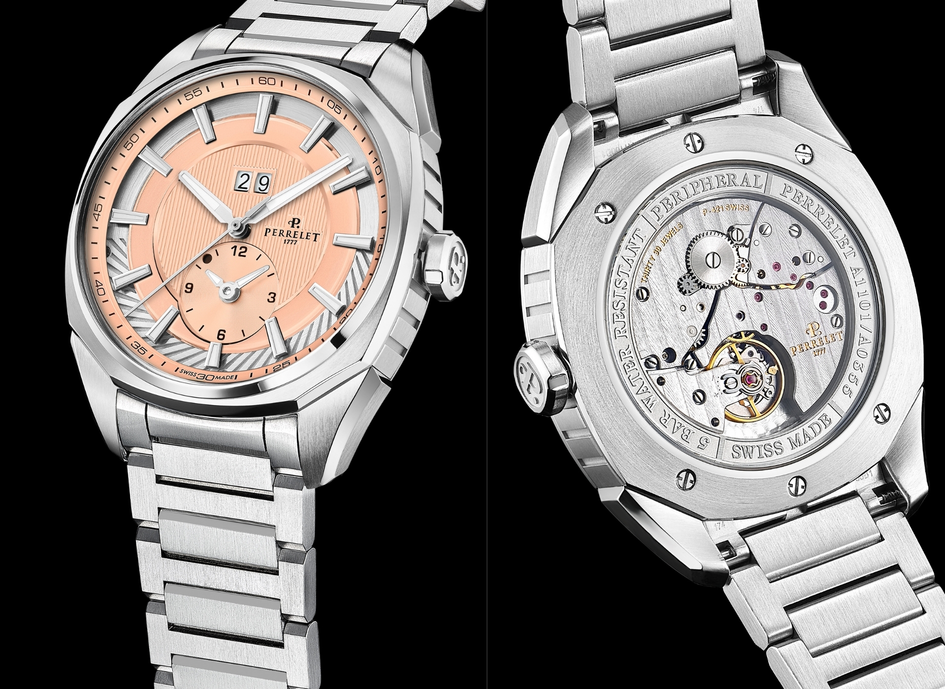 Perrelet,沛力錶,自製機芯,環形自動盤,雙時區,鮭魚色,枕形錶殼,不鏽鋼錶帶,P-421機芯
