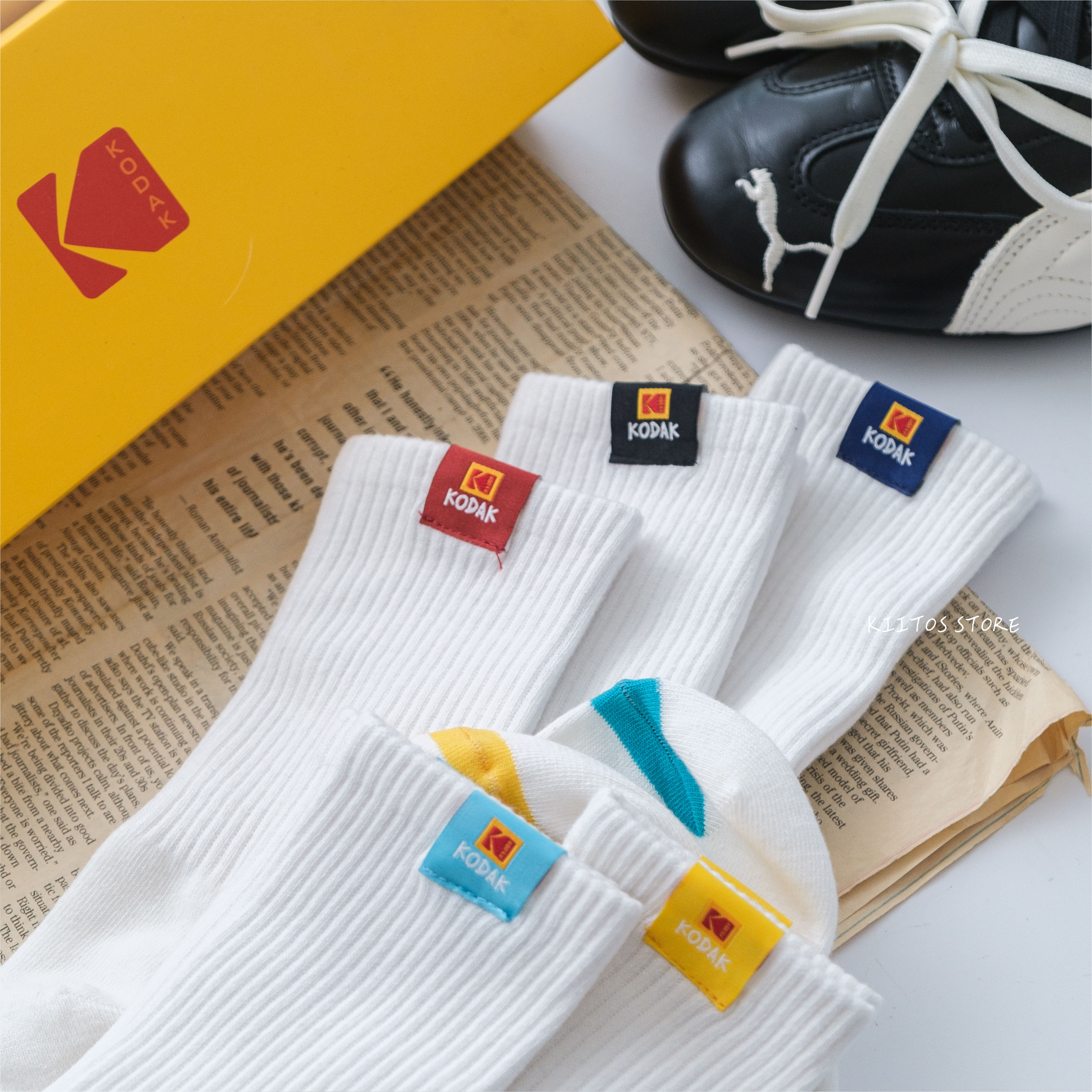 現貨 韓國代購 KODAK Apparel 彩色標籤 經典方形 標誌 中筒 長襪 5雙 超值組
