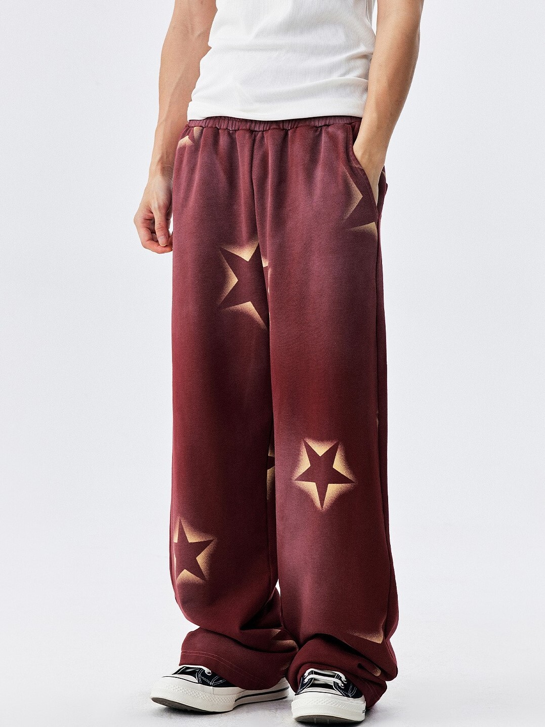 MEDM  水洗星星印花 鬆緊抽繩 寬鬆棉長褲