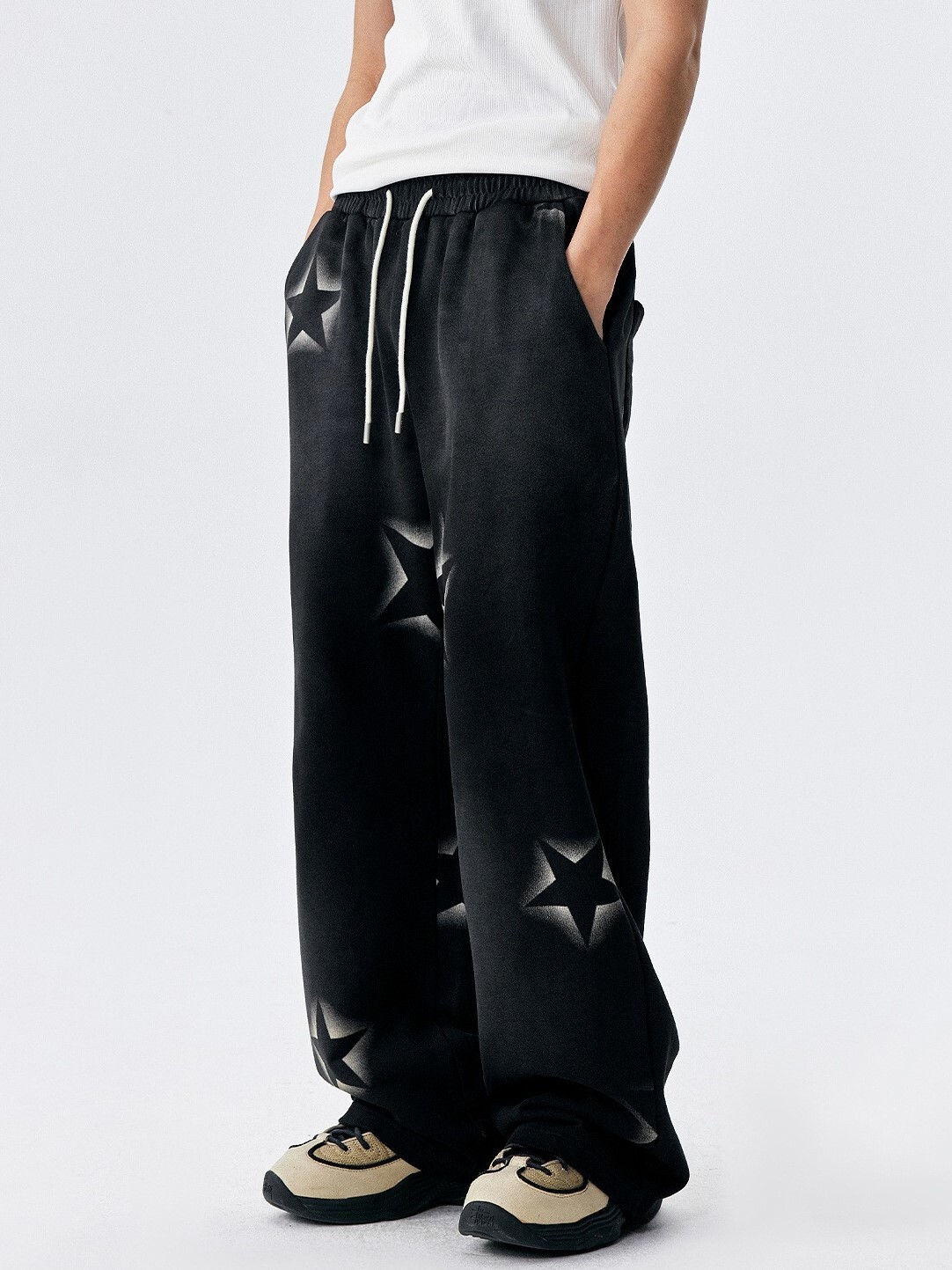 MEDM  水洗星星印花 鬆緊抽繩 寬鬆棉長褲