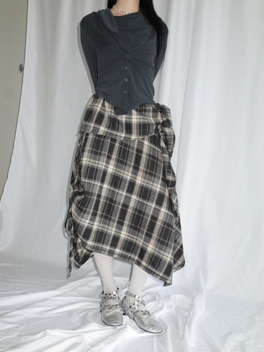 irregular ruched gingham midi skirt with tie waist in BLACK